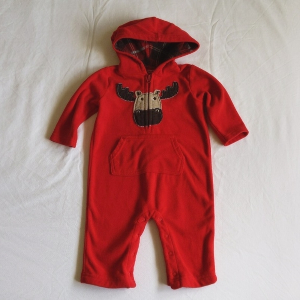 carter's red fleece moose hoodie jumpsuit 9 months